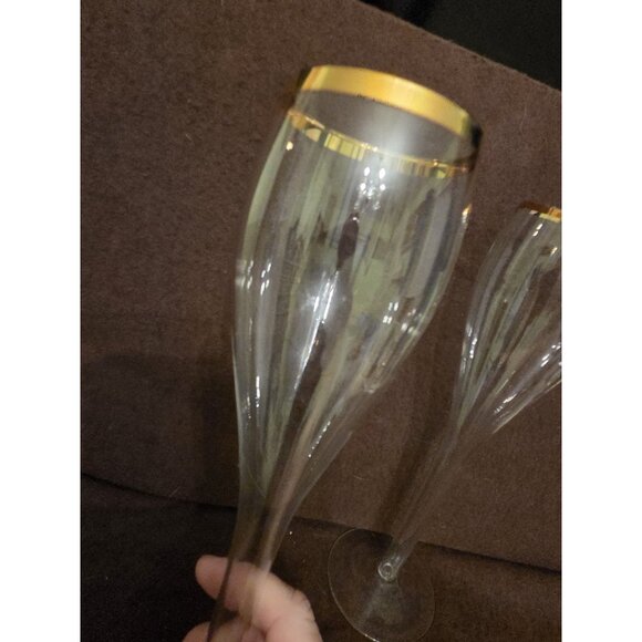 Hollow Stem Tall Champagne Flutes Glasses Gold Trim‎ 9.75" - Picture 3 of 11